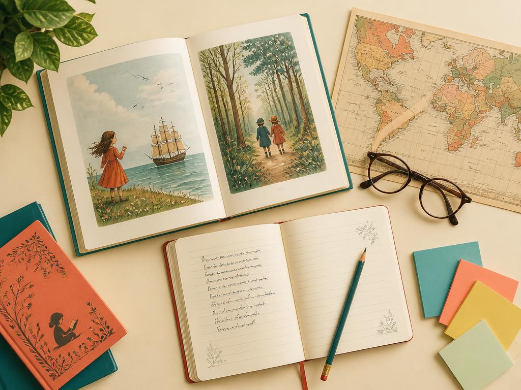 Literature learning materials: an open book, notebook, map, and colored notes.