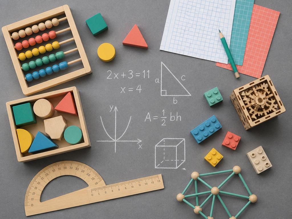 Math and engineering learning materials: blocks, abacus, graph paper, and shapes.
